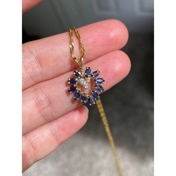 14k Blue Sapphire/Diamond Heart Necklace - Picture 15 of 15
